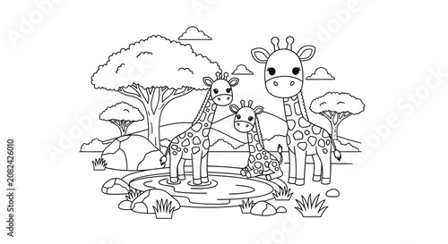 Cute cartoon giraffes family in African savanna landscape with trees and water, black and white outline for coloring book