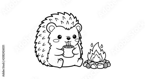 Cute cartoon hedgehog enjoying a warm drink by a campfire, hand-drawn illustration, black and white outline, cozy and whimsical style