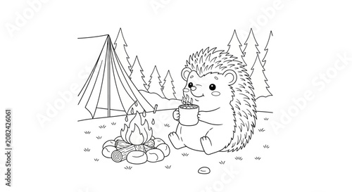 Cute hedgehog enjoying a warm drink by a campfire next to a tent in a forest, line art illustration
