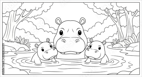 Cute cartoon hippopotamus family in a river, outline illustration for coloring book, jungle background