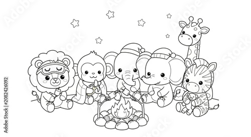 Cute cartoon animals gathered around a campfire, sleeping, wearing pajamas and hats, under starry sky, line art, coloring page