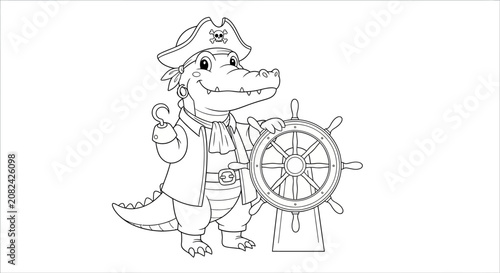 Cute cartoon alligator pirate with hook hand and hat holding a ship's wheel, outline illustration for coloring book