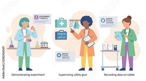 Tableau sur toile Scientists in lab coats conducting experiments, supervising safety, and recording data
