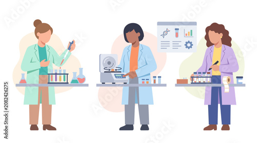 Diverse scientists conducting research in a laboratory setting, using equipment and test tubes.
