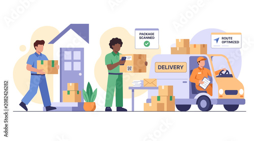 Foto Delivery service: courier bringing package to house, scanning, loading van