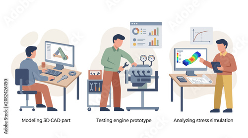 Engineers developing automotive parts using CAD, testing prototypes, and stress simulation.