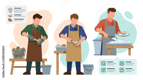 Obraz na płótnie Oyster Shucking Process: Farmers Preparing Seafood for Consumption