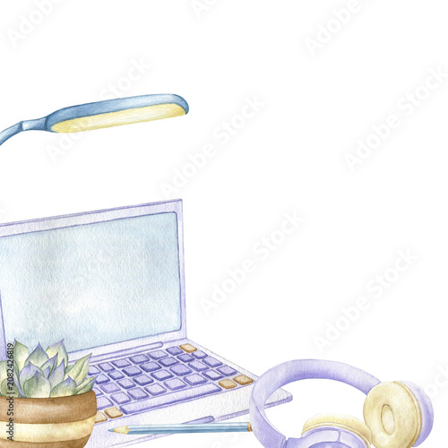 Laptop, lamp, succulent and headphones watercolor corner frame illustration. Hand drawn template with copy space  for student projects, educational materials, distance learning and Back to School.