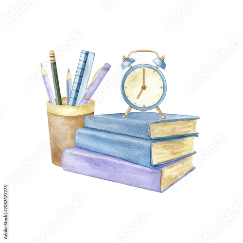 Watercolor composition with stack of books, alarm clock and pencil holder with stationery isolated illustration. Hand drawn clipart for Back to School designs, educational materials and academic theme