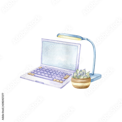 Laptop, desk lamp and potted succulent watercolor isolated illustration. Hand drawn clipart featuring a cozy workspace for Back to School designs, educational material and freelance project 
