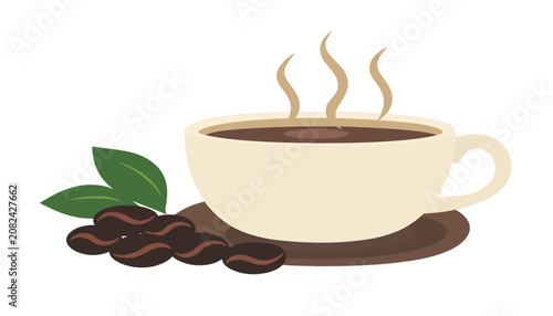 Obraz na plátně Hot coffee cup with beans and leaves flat vector illustration