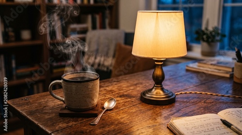 Warm Evening Atmosphere with Steaming Coffee Mug and Reading Lamp on a Rustic Wooden Desk