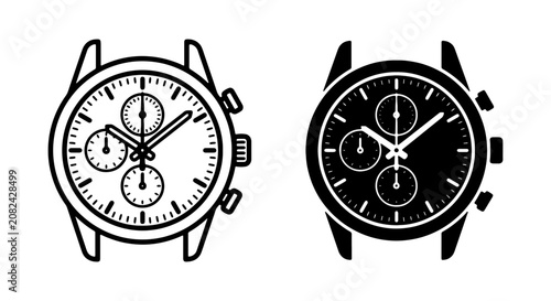 Foto Chronograph Watch Icons, Black and White Timepiece Vector Set, Modern Wristwatch