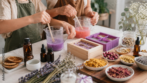 Homemade soap workshop activity with family creating colorful natural soap bars using dried flowers and essential oils in cozy setting