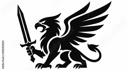 Konstfotografi Griffin holding sword silhouette mascot logo icon.