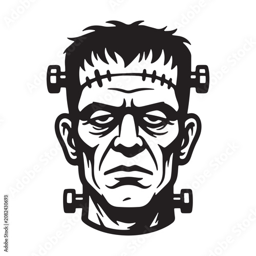 Konstfotografi Vintage vector illustration of a monster head with bolts in the neck and stitche