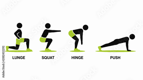 Foto Workout exercises infographic showing lunge squat hinge push.