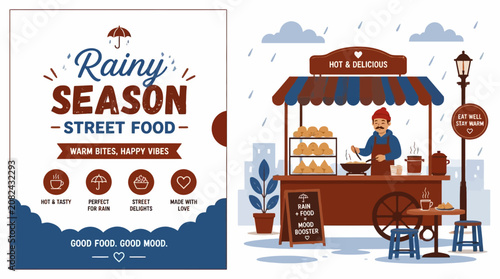 Foto Rainy season street food stall illustration poster.