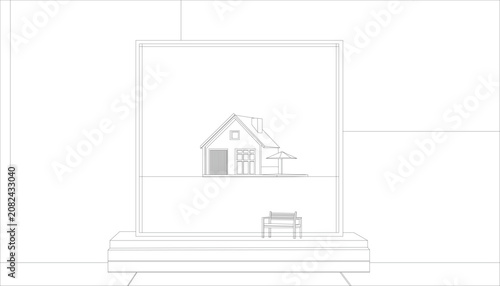 Bild auf Leinwand Minimalist architectural line art poster with framed house concept and bench vector