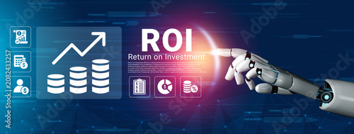 Quadro su tela A robotic hand engages with virtual graphics illustrating financial growth and investment metrics, symbolizing the fusion of technology and finance in modern business strategies