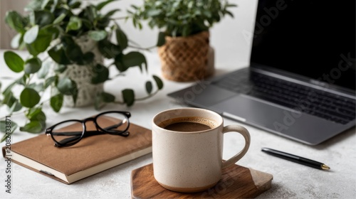 Cozy Workspace with Coffee and Laptop Setup.