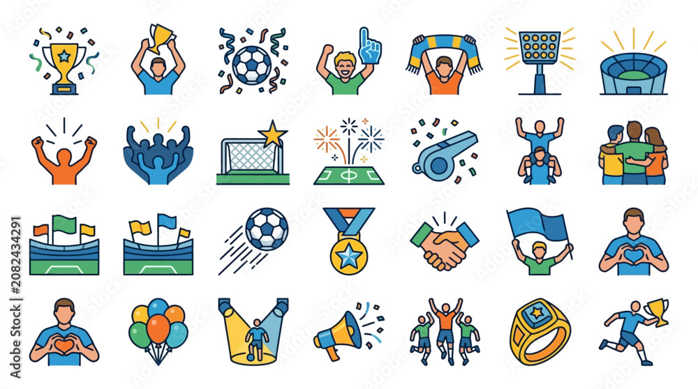 Fototapeta premium Soccer and football fan line icons set representing sports championship victory and stadium celebration