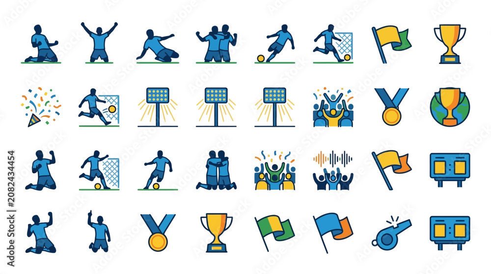 Fototapeta premium Set of Colorful Soccer Icons Featuring Players Celebrating Victories Trophies and Stadium Match Elements for Sports Design Projects