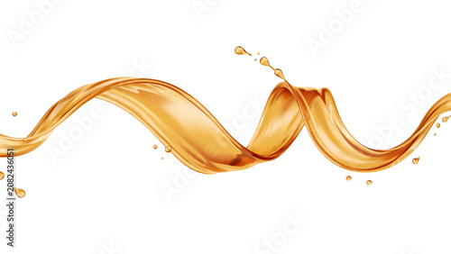 Abstract swirling wave of golden liquid or honey splashing in a dynamic spiral motion isolated on a solid dark black background