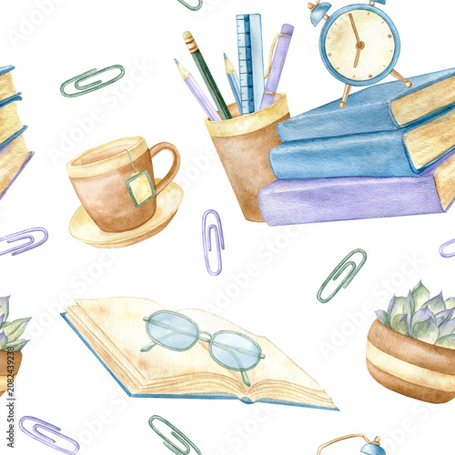 Seamless pattern with watercolor school supplies: books, stationery in holder, alarm clock, glasses, coffee cup and paperclips for back to school designs, educational materials and decor.