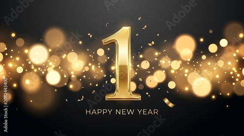 Golden number one on dark background with bokeh lights