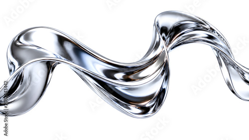 Liquid chrome wave with metallic reflection, flowing silver mercury splash, abstract 3d render of glossy molten metal fluid isolated on White Background