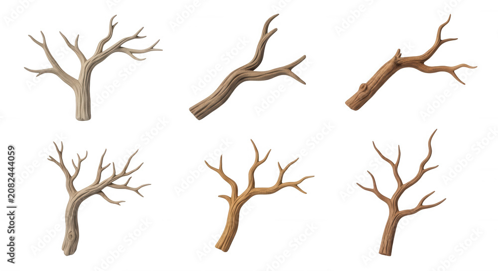 Fototapeta premium 3d rendered collection of various barren tree branch designs on white background used in nature themed projects