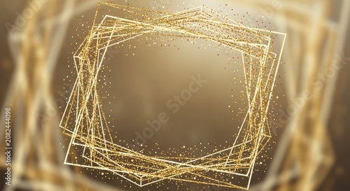 Abstract golden geometric frame with glitter particles on blurred brown background