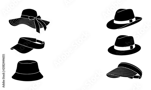Photos Six Black Silhouette Hats: Sun Hats, Fedoras, Visors, Bucket Hats, Fashion Acces