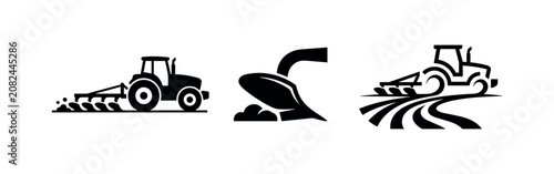 Bild auf Leinwand Set of plowing and tillage agricultural vector icons, including tractor and plow