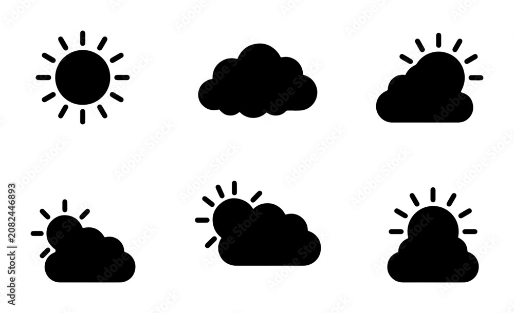 Obraz premium Black Silhouette Weather Icons: Sun, Clouds, Partly Cloudy, Forecast, Simple Vector Graphics for Apps
