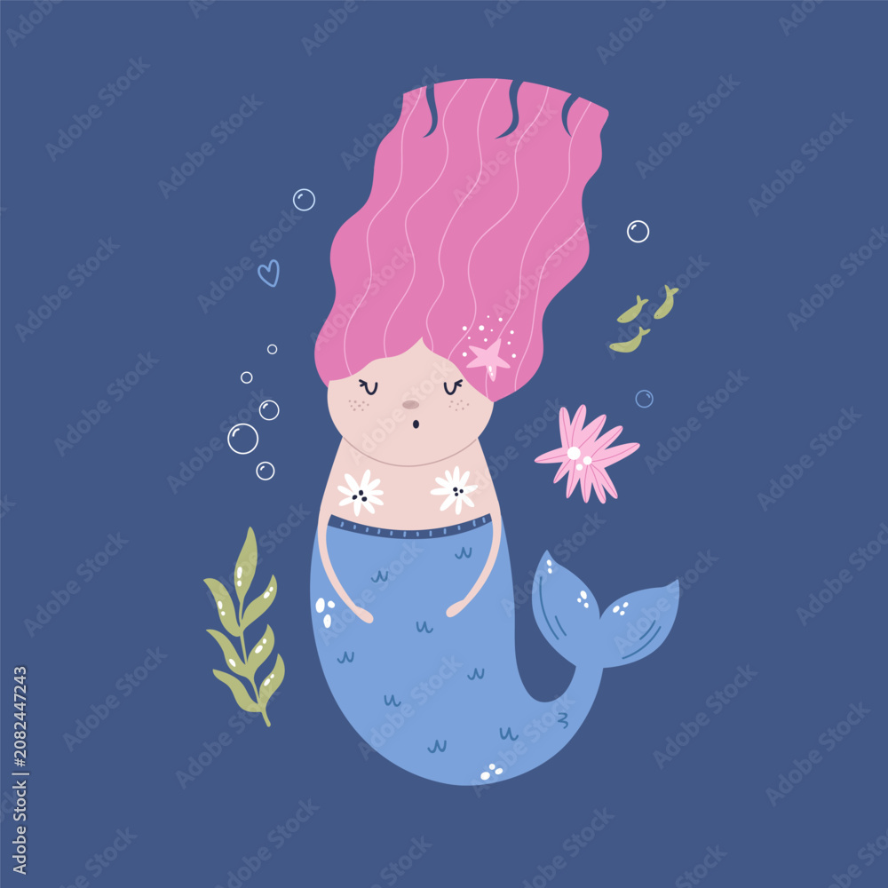 Obraz premium Cute cartoon mermaid with pink hair swimming in the blue ocean.