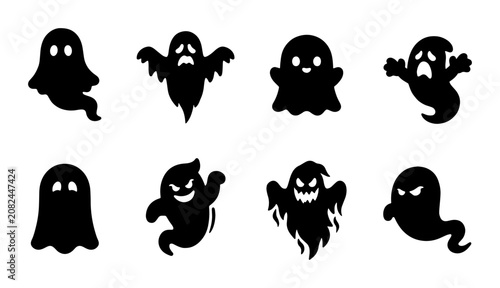 Φωτογραφία Spooky Halloween Ghost Icons Set, Cute and Scary Black Vector Silhouettes for Ho