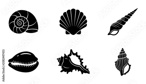 Quadro su tela Vector Set of Six Black Seashell Icons, Marine Mollusk Silhouettes for Coastal D
