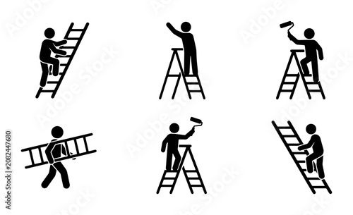 Bild auf Leinwand Ladder Icon Set: Stick Figure Climbing, Painting, Carrying, and Working on Ladde