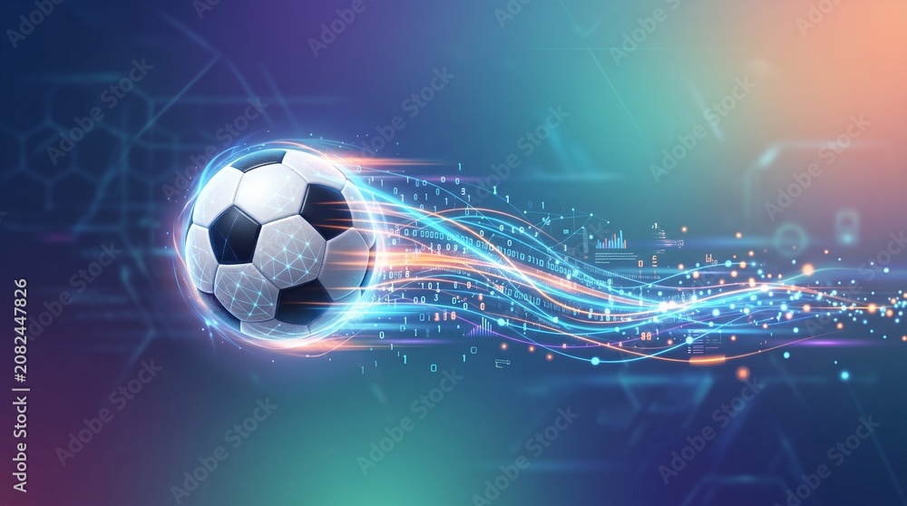 Fototapeta premium futuristic glowing soccer ball with digital binary code data trail