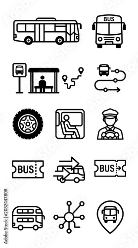 Bus Travel Icons Set: Transportation, Route, Driver, Ticket, Stop, Wheel