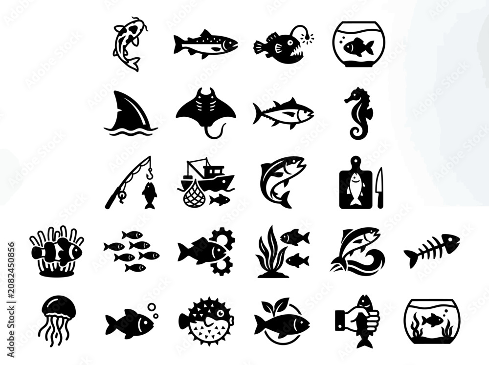 Fototapeta premium Collection of Fish and Seafood Icons, Vector Graphics