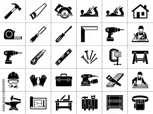 Collection of Black and White Icons for Tools and Construction