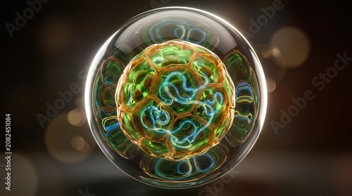 Macro view of a cell colony inside a transparent sphere, recursive reflections, nested circles, and metabolic pathways folding back on themselves, with green cytoplasm, amber membranes, and luminous