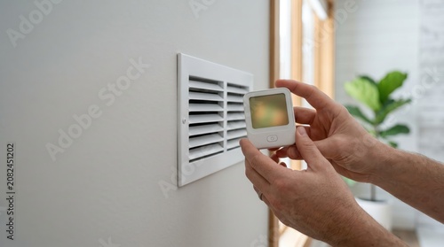 Hands hold a digital thermostat near a wall vent