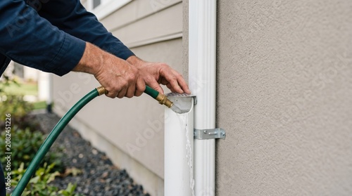 Hand holds garden hose near house downspout