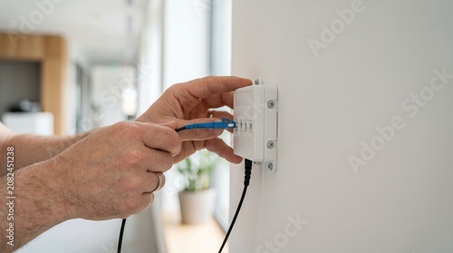 Hand connects blue cable to white wall-mounted device
