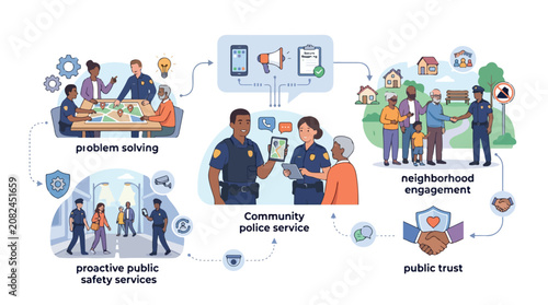 Community policing and public safety engagement infographic showing police and citizen interaction.