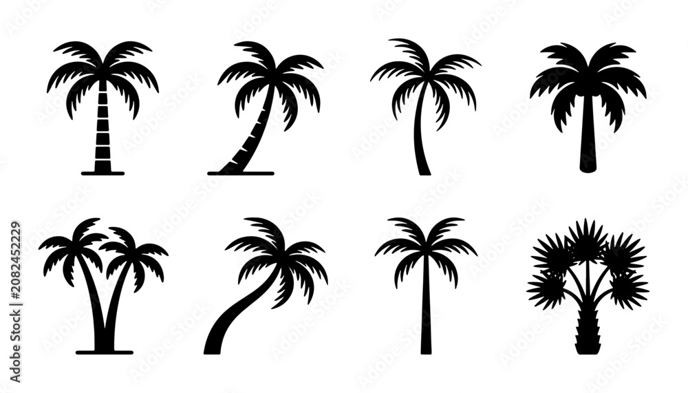 Fototapeta premium Palm Tree Silhouettes: Tropical Vector Icons Set, Beach Vacation & Summer Design Elements
